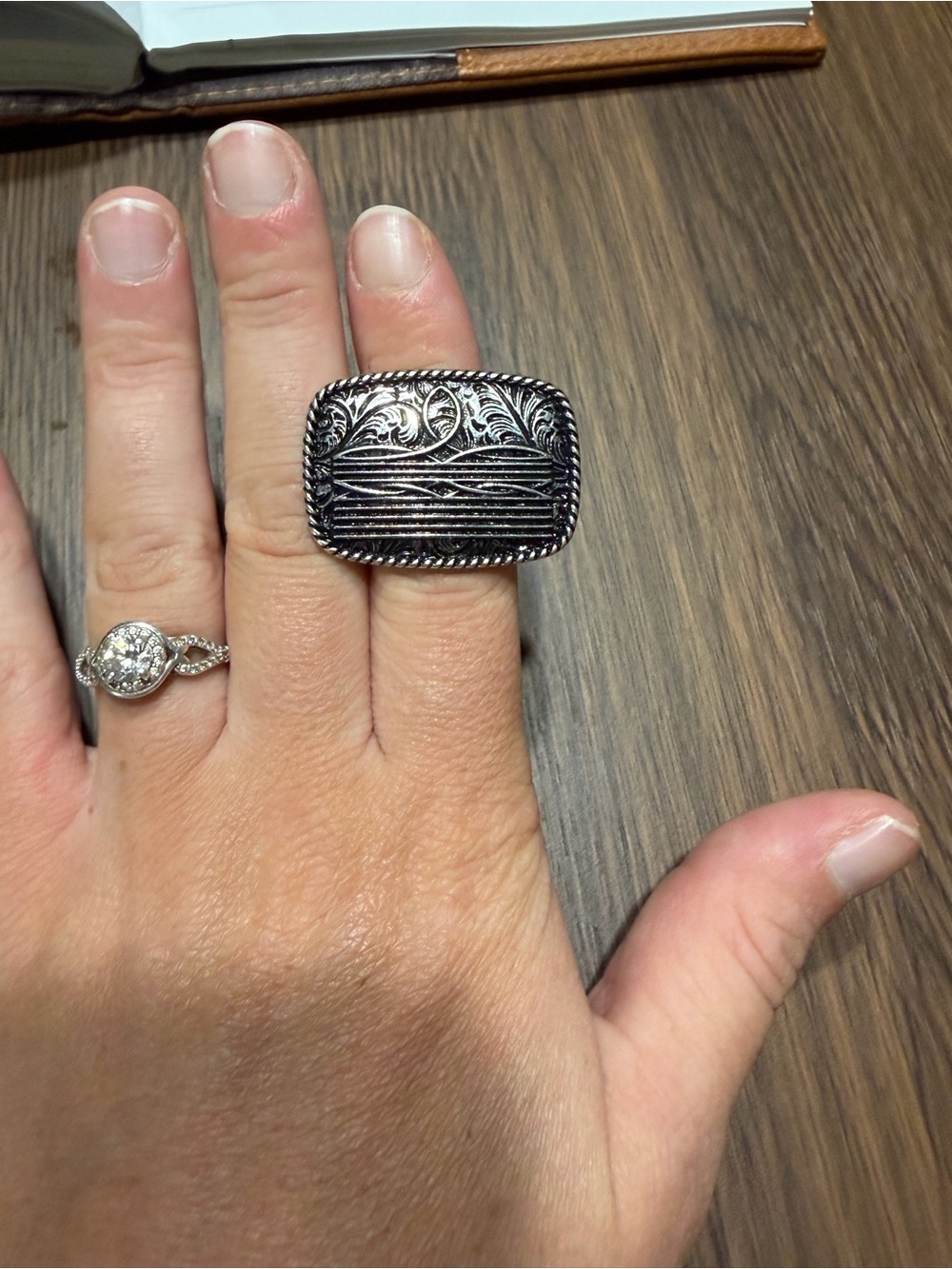 Sterling Silver Engraved Rectangular Statement Ring - Silver